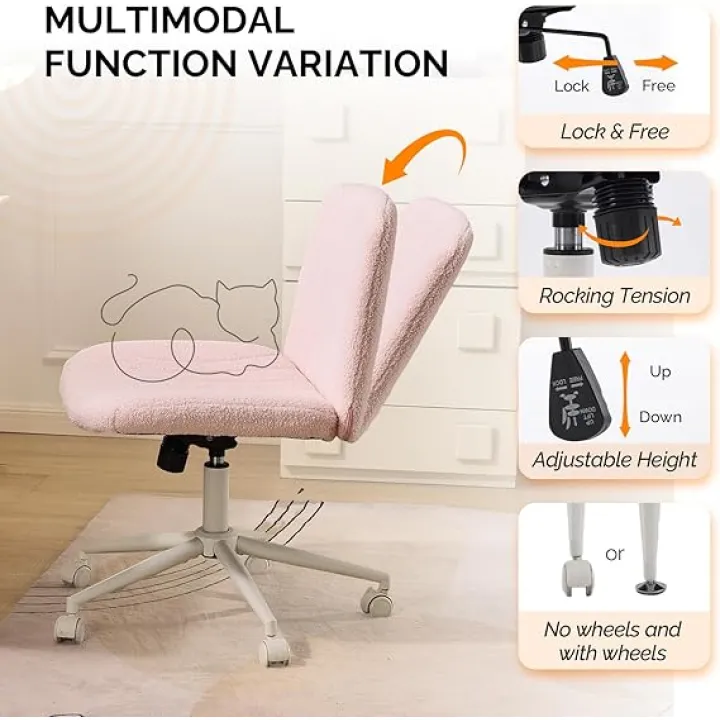 VINGLI Criss Cross Legged Chair,Wide Comfy Office Desk Chair,Dual-Use with/no Wheels Computer Task Chair,Swivel Armless Vanity Boucle Chair for Study,Make Up,Home Office,Teddy Fleece,Dark Grey