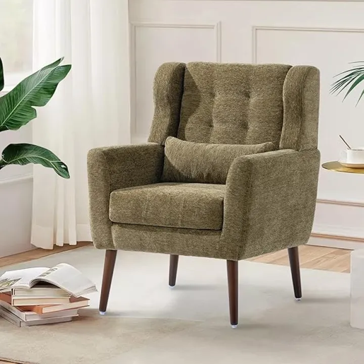 Modern Accent Chair, Upholstered Arm Chair with Waist Pillow, Single Sofa Chair for Living Room Bedroom Small Spaces (Olive)