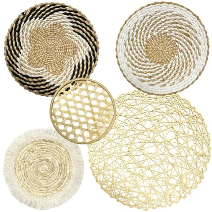 Boho Wall Basket Decor Set of 5, Boho Wall Decor Handmade Rattan Wicker Wall Decor Round Seagrass Boho Wall Baskets Hanging Rustic Farmhouse Western Art Decoration for Bedroom Living Room Home Kitchen
