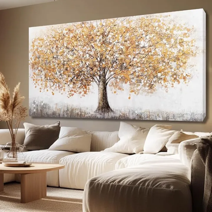 Gold Wall Art Tree Wall Paintings Grey Office Wall Decor Large Framed Canvas Art for Living Room Bedroom 29"x 58" Nature Decorations