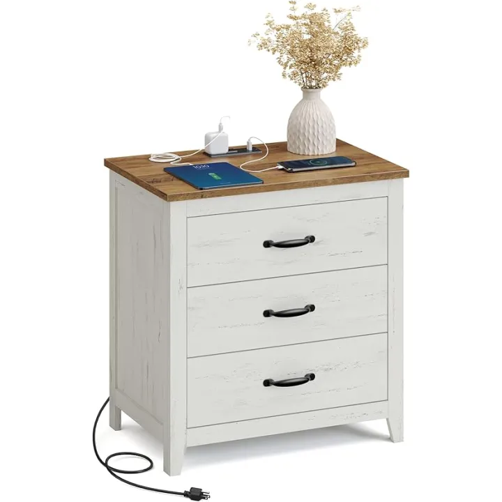 VASAGLE LIRY Collection - Farmhouse Nightstand with Charging Station, Bedside Table, Side End Table with 3 Drawers, for Bedroom, Rustic White and Honey Brown ULET679W01