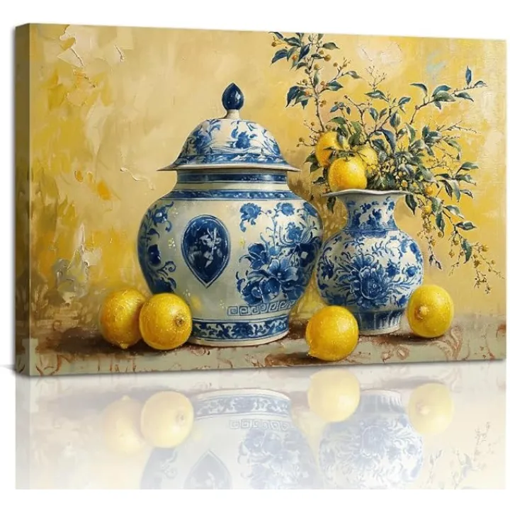 Lemon Wall Art Kitchen Canvas Art Blue Pottery Pictures Yellow Lemon Painting Prints Fruit Poster Rustic Farmhouse Artwork for Dining Room Restaurant Decor Framed(Lemon-2,12.00" x 18.00")