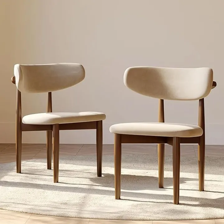 POVISON Modern Dining Chairs Set of 4, Armless Cotton Linen Dining Chair Set with Sackcloth Cushions and Dark Walnut-Coloured Ash Wood, Pre-Assembled Design