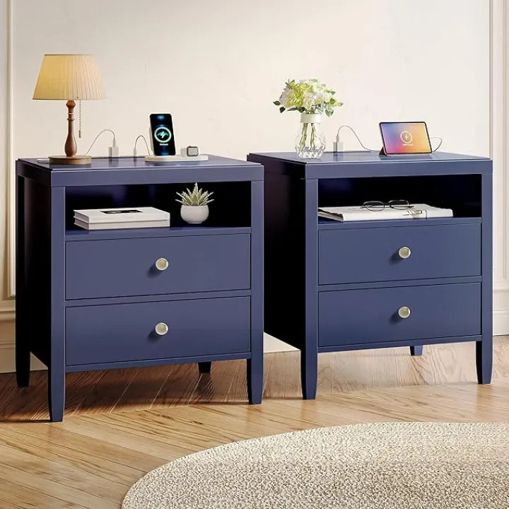 Huuger Nightstand with Charging Station, Blue Nightstand with 2 Drawers, Bed Side Table for Bedroom, Bedside Table with Storage, Modern Nightstands, Metal Knobs, Painted Surface