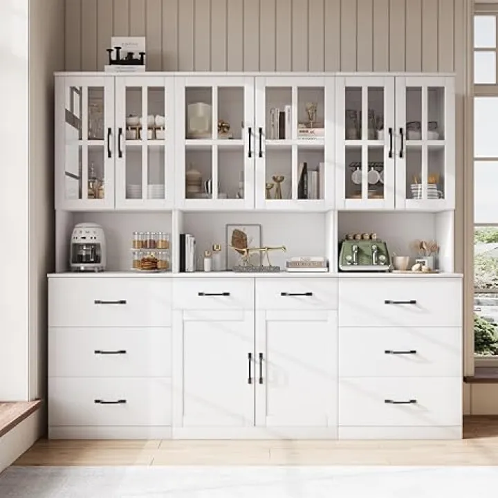 VOWNER Bookcase with Glass Door, 5-Tier Modern Bookshelves with 3 Large Drawer, Glass Display Cabinet with Lager Storage Shelf, Combination Storage Shelves for Home Office, White (beb)