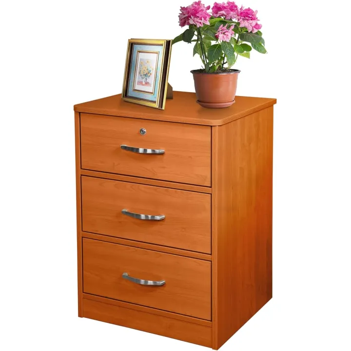 Dynarex Three-Drawer Night Stand - Bedside Table Cabinet with Lockable Top Drawer - Durable Wood & Laminate Construction - Elegant Cherry Finish