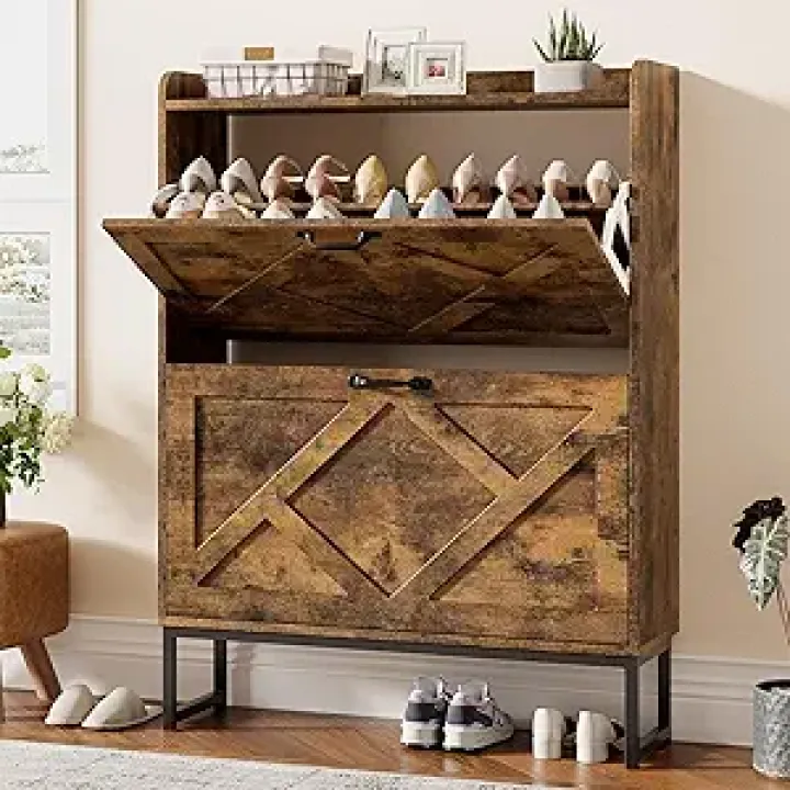Nicetree Shoe Cabinet with 2 Flip Drawers, Freestanding Shoe Organizer with Metal Legs, Narrow Shoe Rack Cabinet, Farmhouse Slim Shoe Storage Cabinet for Entryway, Foyer, Hallway, Rustic Brown