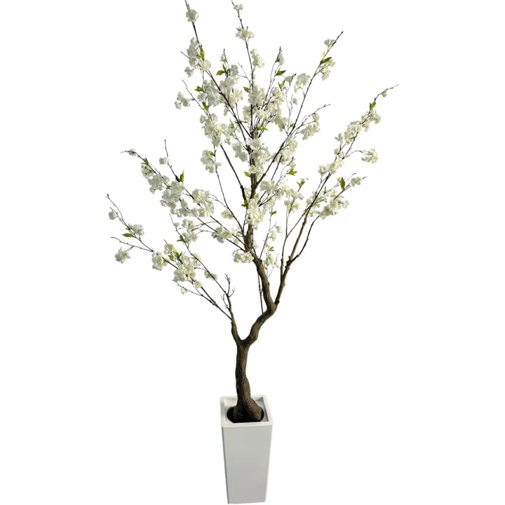 6.7FT Artificial Cherry Blossom Tree with Planter - Realistic Faux Sakura Tree for Home Office Decor, White Flowers, Low Maintenance Indoor/Outdoor Tree (6.7FT)