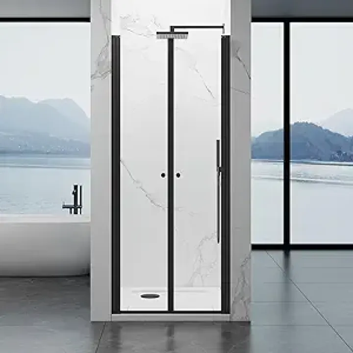 Hinged Shower Door - 32" W x 75" H Double Swing Door, 180° Reversible Swing with Rising Pivot Door Design, Clear SGCC Tempered Glass with Dual Nano Coated, Easy to Clean, Matte Black Finish