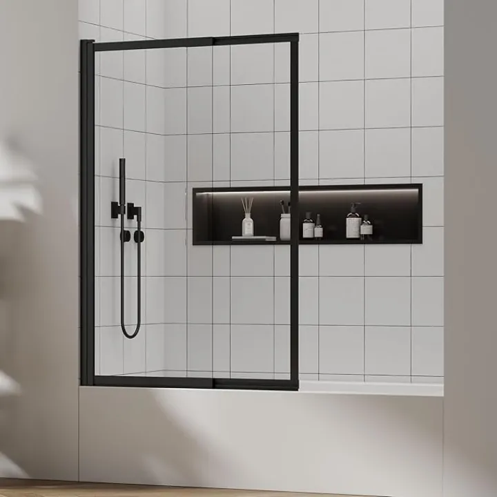 Bathtub Door 3/16 in (5mm) Tempered Glass Panel, Tub Shower Door Extendable 180° Foldable Hinged Bathtub Glass Door Screen with Easy-Clean Coating (Matte Black, 40" W x 59" H)