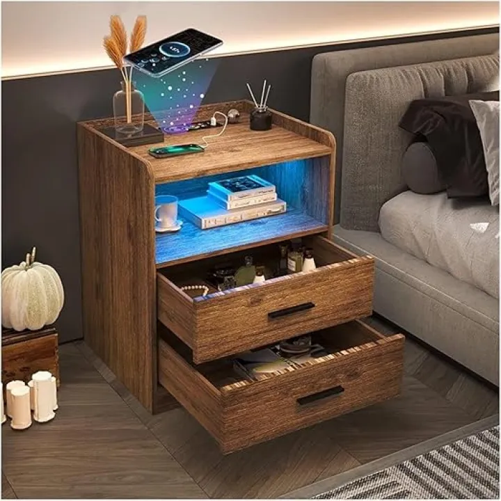 Charging Nightstand Compatible with Bedroom Bedside Table Smart Bedside Table with 24-Color RGB LED Lights Nightstands Furniture Home