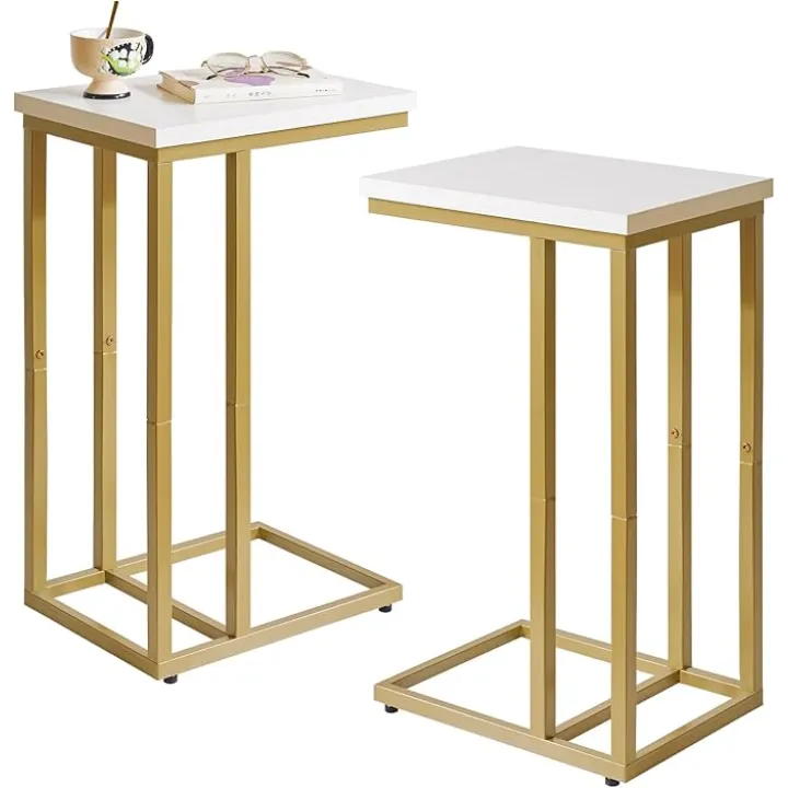 Small Side Tables C Shaped, End Table, Small Table Stand for Living Room Bedroom, Little Bedside Table 16x12x25 inch White+Gold YD-TM051WG-2