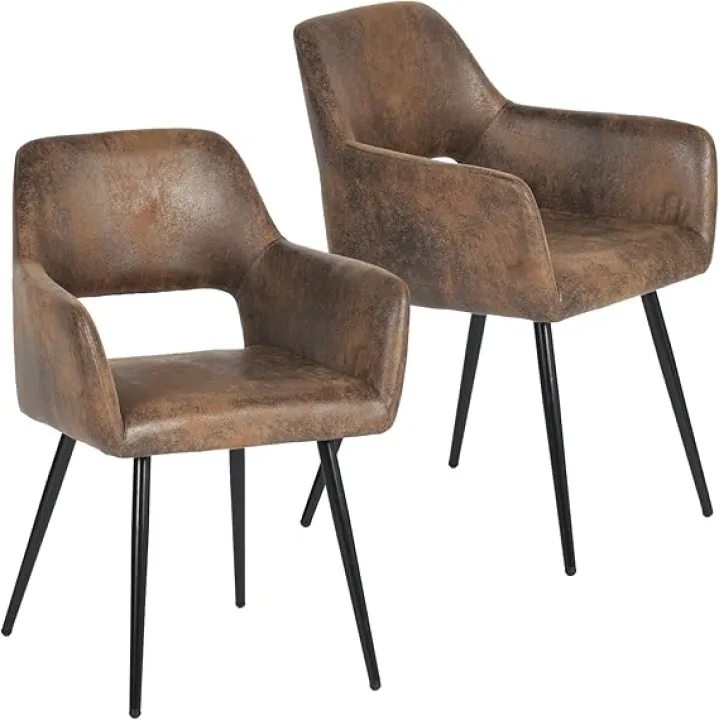 FurnitureR Suede Fabric Dining Chairs Set of 2, Upholstered Accent Leisure Armchair Side Chair with Wooden Legs for Home Kitchen Dining Room Living Room Bedroom, Brown