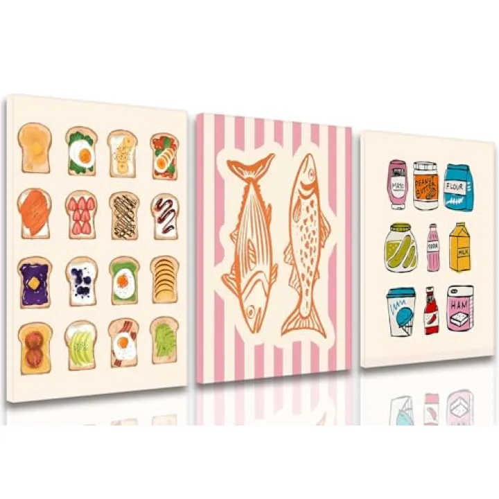Cute Funny Kitchen Wall Art Set of 3, Fashion Breakfast Food Avocado Toast Canvas Prints Poster, Vintage Simple Sardines Watercolor Picture for Dining Room Kids Room Wall Decor 12x16 Inch Framed