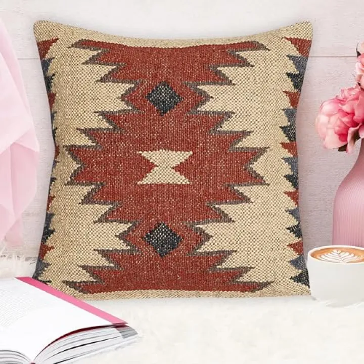 Shivanifashions Kilim Pillow Cover Vintage Square Cushion Handwoven Pillow Case Ethnic Pillow Cover 18 X 18 Indian Jute Decorative Pillow Home Decor Pillows (Pattern 69)