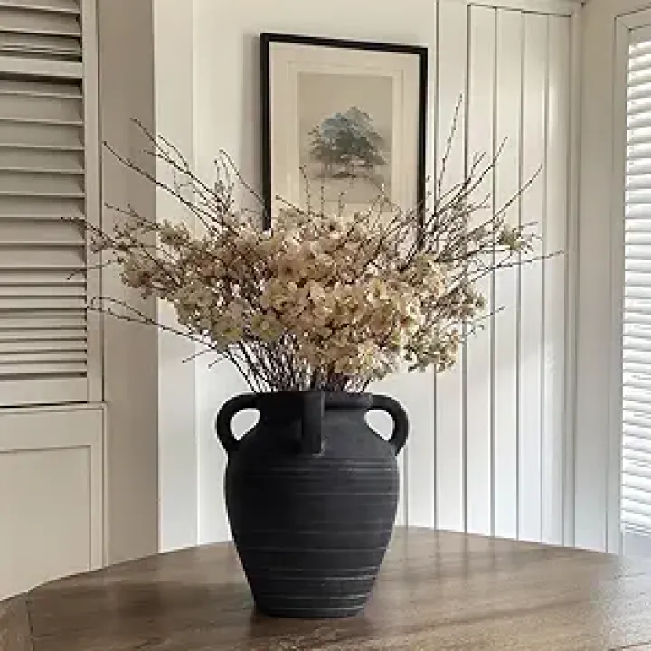 Handmade Black Terracotta Vase, 10" Tall with 4 Ears, Wide Mouth Ceramic Vases,Vintage Farmhouse Vase, Rustic Antique Matte Finish Decor Vases for Home, Living Room, Table, Fireplace
