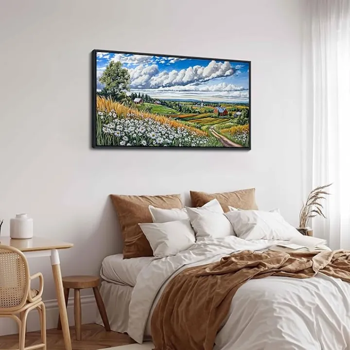 HKDGOKA Rustic Landscape Wall Art, Daisy Flowers Blue Sky and White Clouds Farmhouse Canvas Paintings Framed Artwork for Living Room Bedroom Kitchen Home Wall Pictures Decor 20x40 IN