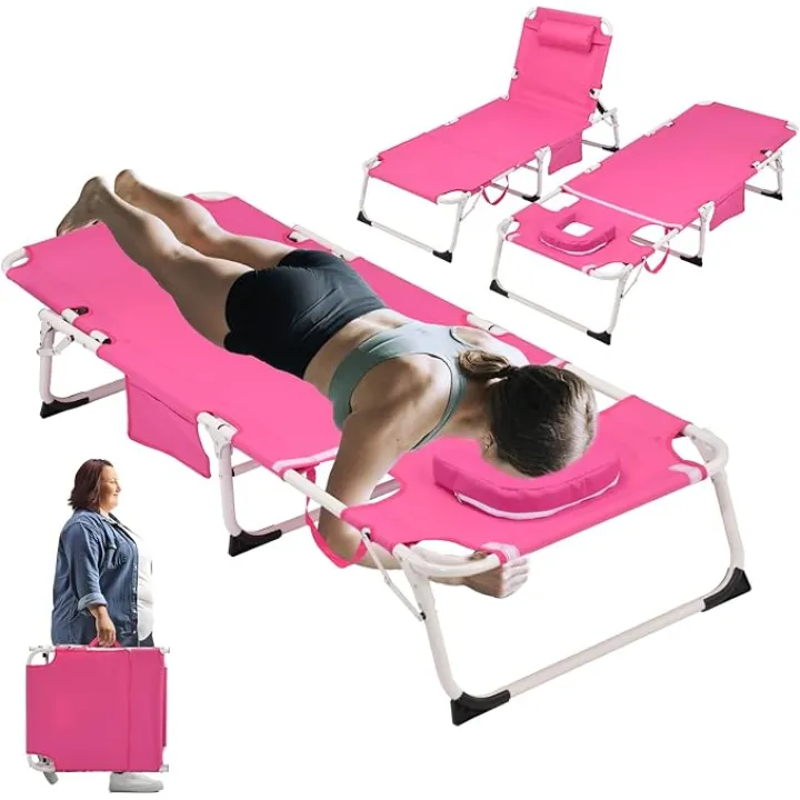 3-in-1 Tanning Chair with Face Hole for Outside, 5-Position Reclining & Head Cushion – Portable Folding Beach Lounge Chairs for Pool, Lawn, Yard (Pink)
