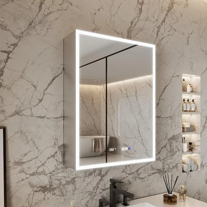 24x32 Inch Lighted Medicine Cabinet, Recessed or Surface LED Medicine Cabinet with Clock & Temperature Display, Anti-Fog, 3-Color Dimmable LED, Door Right Open