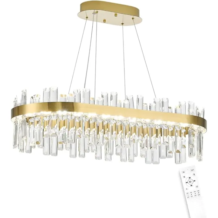 Soilsiu Modern Glod Crystal Chandeliers for Dining Room, LED 3 Color Temperature/Dimmable Island Lights with Remote Control, Height Adjustable Hanging Pendant Light Fixtures for Kitchen, Living Room
