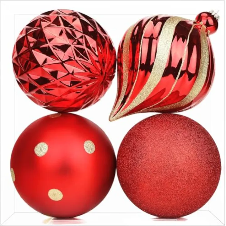 SHareconn 4ct 6 Inch Large Christmas Tree Balls Ornaments, Colored Shatterproof Plastic Decorative Baubles Decorations for Xmas Tree Decor Holiday Party Wedding Decoration (Red, 150mm)