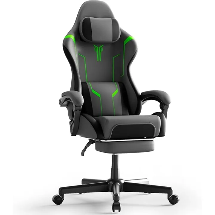 Ferghana PU Leather Ergonomic Gaming Chair, High Back Computer Chair with Footrest and Linkage Armrest, Office Video Game Chair with Massage Lumbar Support for Adult, Grey/Black/Green