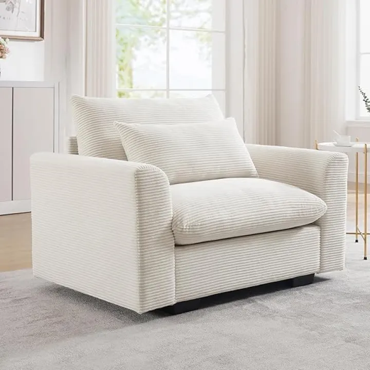 Upholstered Oversized Single Sofa Chair Deep Seat Modern Accent Chair with Waist Pillow Corduroy Fabric Comfy Chair for Living Room Apartment Office, Beige