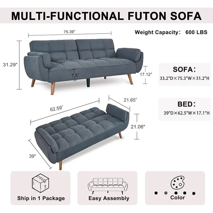 Convertible Futon Sofa Bed, Sleeper Sofa Bed with Adjustable Backrests, Linen Loveseat Sofa Small Couches for Small Spaces, Living Room, Bedroom (Dark Gray)