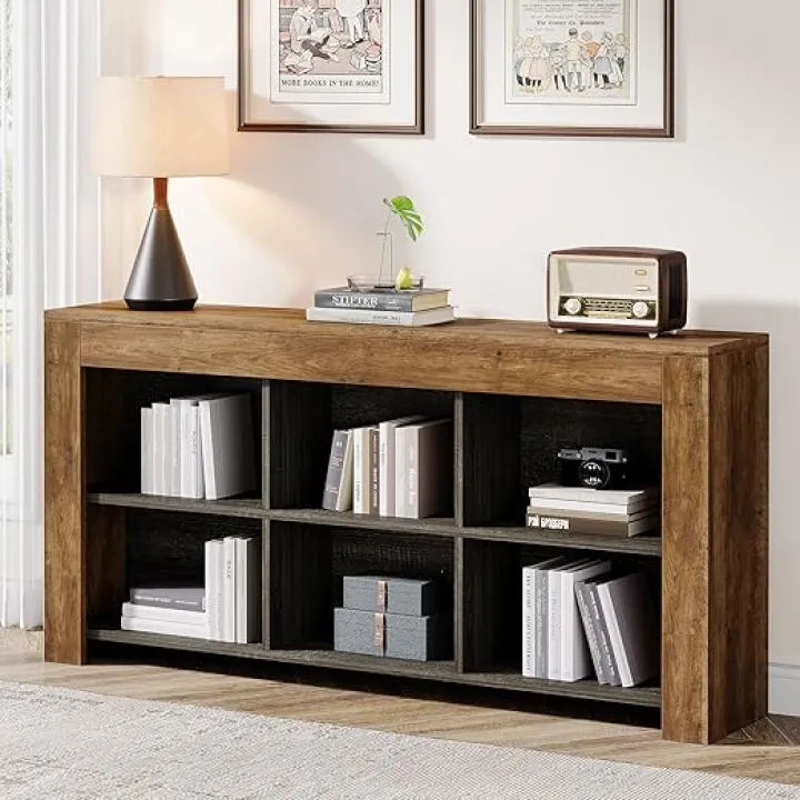 Tribesigns Horizontal Bookcase, Industrial 6 Cubes Storage Organizer Long Bookshelf, Rustic Wood Low Bookshelf Wide Bookcase for Home Office, Living Room (Light Brown)