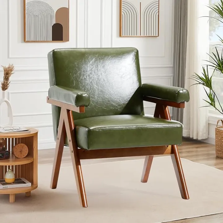 Mid-Century Modern Accent Chair,PU Leather Green Accent Chair with Solid Wood Frame,Upholstered Lounge Arm Chair with Plump Cushion,Easy Assembly Reading Leisure Chair for Living Room,Bedroom,Green