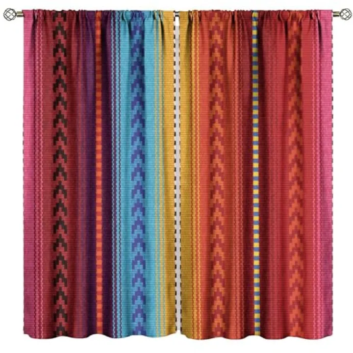 Mexican Curtain, Mexican Colored Striped Fabric Ethnic Design Drapes Bedroom Living Room Rod Pocket Window Treatment 2 Panel Set Total Size 52" W X 84" L Inch