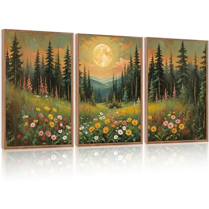 CHDITB Moonlit Forest Floral Framed Canvas Wall Art Set, Nature Inspired Wall Decor, Mystical Midnight Spiritual Wall Painting, Vintage Mountain Landscape Art Prints for Living Room, Bedroom, 16"x24"
