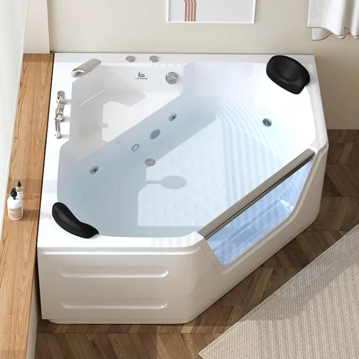 Corner Tub with Chromatherapy | 59" Hydromassage SPA Bathtub with 2 Waterproof Pillows | Corner Jetted Bathtub for Bathroom | Acrylic Bath Tub with 6 Jetters for 2 People