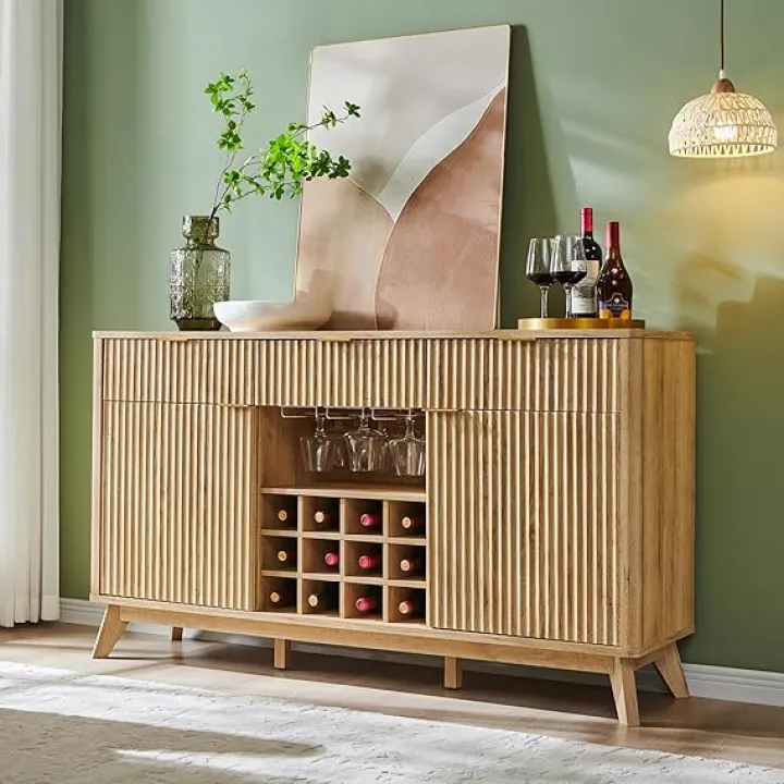 OKD Fluted Wine Bar Cabinet for Liquor, 60" Modern Coffee Bar Cabinet w/Wine & Glass Rack, Large Buffet Sideboard w/ 3 Storage Drawers & Adjustable Shelves for Home, Dining Room, Kitchen, Natural Oak