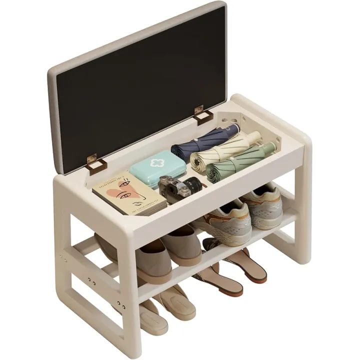 Small Shoe Bench with Cushion,2 Tiers Shoe Rack Bench with Flip-Top Storage,Wood Shoe Rack for Entryway（White,23.62"）