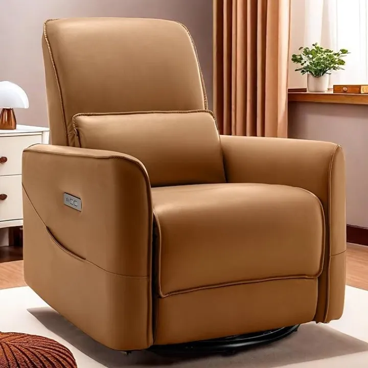 Nursery Glider Recliner Chair, Power Rocker Swivel Recliner with USB and Type-C Ports, Electric Reclining for Adults with Streamlined Side Pocket, and Lower Back Support for Living Room