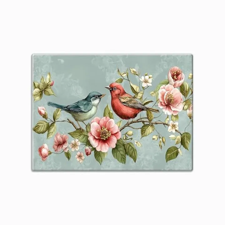Tempered Glass Cutting and Serving Board,Heat Tolerant & Non-Slip Surface, Decorative Kitchen Gift for Her, Couples, or Housewarming,Dishwasher Safe (Vintage Birds and Blossoms)