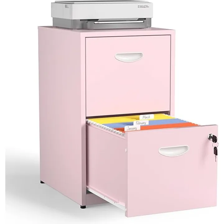 2 Drawer Mobile File Cabinet with Lock, Pink Metal Filing Cabinets with Wheels, Vertical Rolling File Cabinet Fit Hanging Files, Letter and A4 Documents