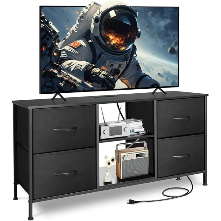 TV Stand for Bedroom, Television Stand for TV up to 46 Inch Entertainment Center Dresser with 4 Drawers Open Storage Shelves for Living Room, Entryway (Black and Charcoal Black)