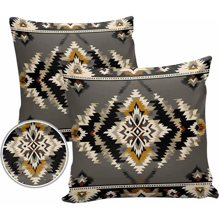 Grey Orange Black Outdoor Waterproof Pillow Covers, Geometric Boho Ethnic Southwestern Decorative Square Throw Pillowcase Sofa Cushion Sham for Patio/Couch/Chair, 20"x20" 2 Pack