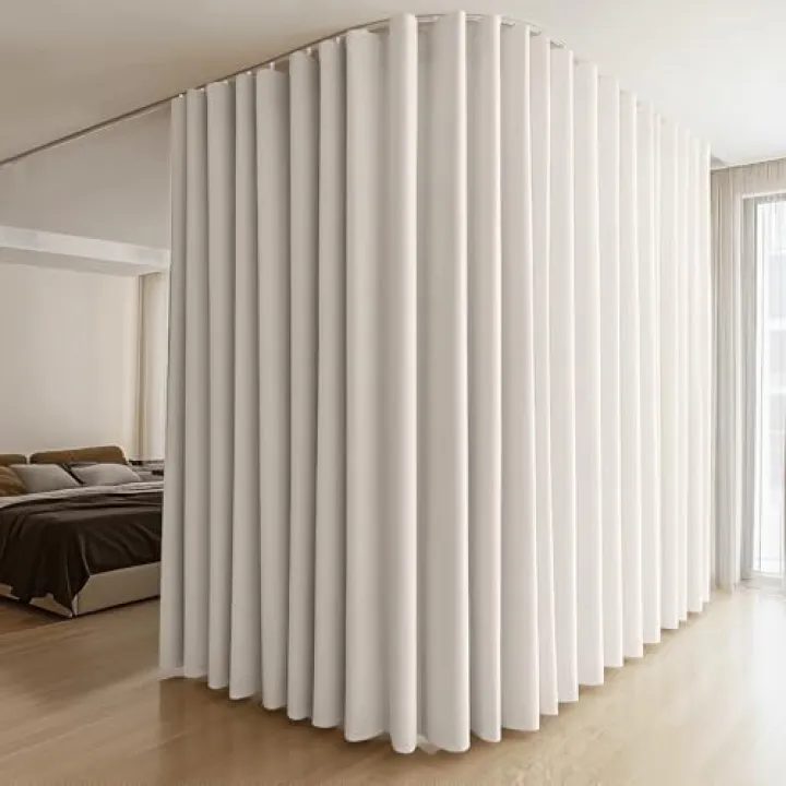 MaKefeile Room Divider Curtains & Flexible Bendable Tracks Set,Privacy Dividers Ceiling Track Curtain Window Blackout Curtains for Living Room Bedroom (W120 × H108 In 1 Panel Beige Drape & White Rail)