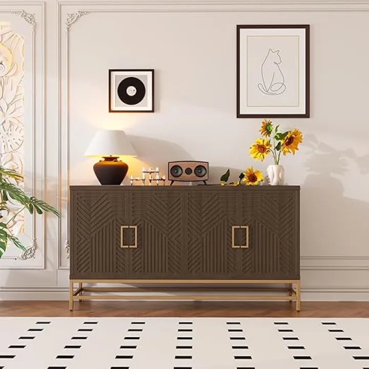 Ball & Cast 59.8" Sideboard Buffet Cabinet with Storage,Modern Coffee Bar Cabinet with 4 Doors and Adjustable Shelves,Wood Side Board Table with Gold Handles & Metal Legs for Living Room,Espresso