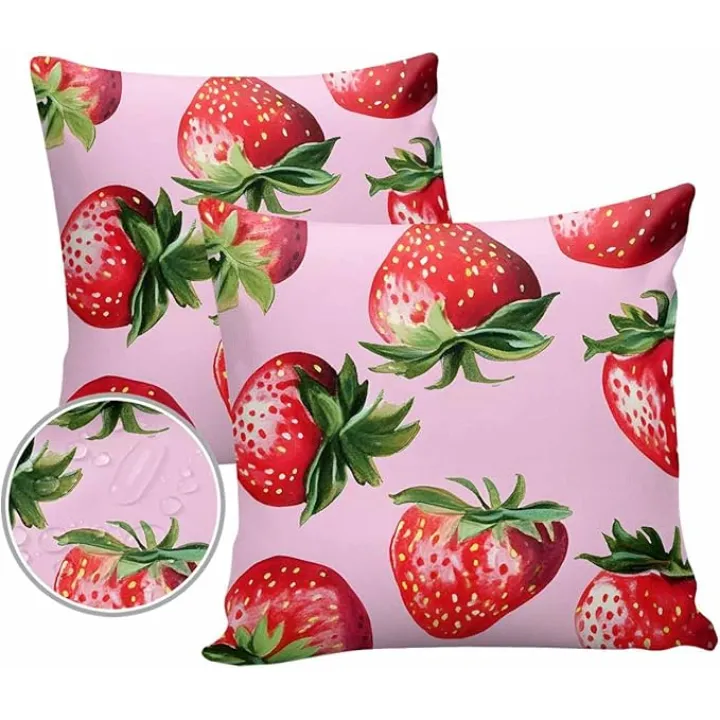 Outdoor Waterproof Pillow Covers Pack of 2, Watercolor Red Strawberry on Pink Waterproof Throw Pillow Case, Summer Spring Fruit Soft Cushion Cases for Patio Tent Balcony Couch Bed Sofa