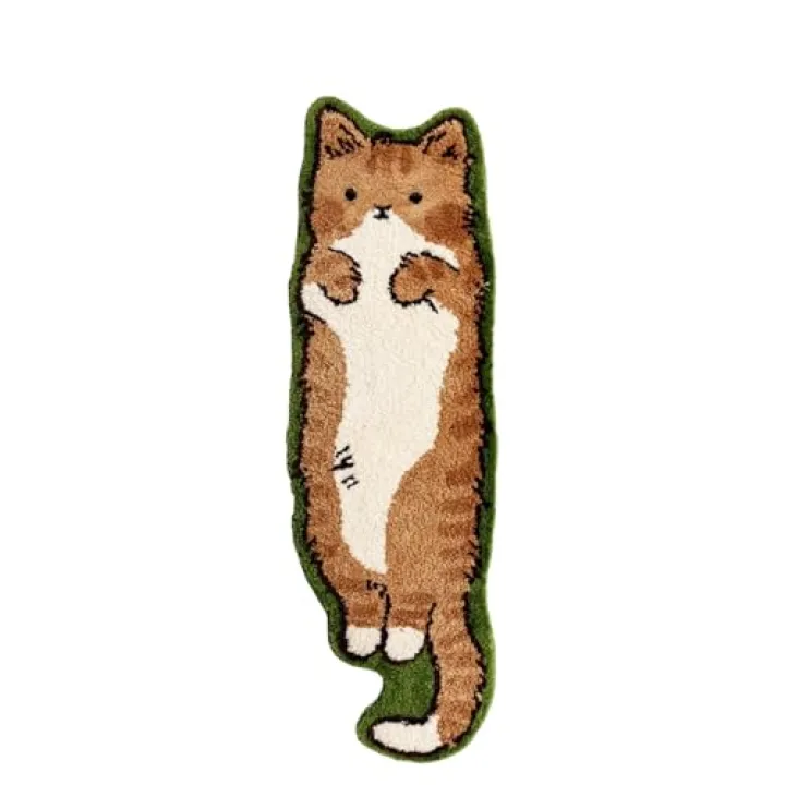 Living Room, Bedroom 160 cm *50 cm cat Shaped Non-Slip Comfortable Carpet. Knit Velvet Washable (Yellow cat mat)
