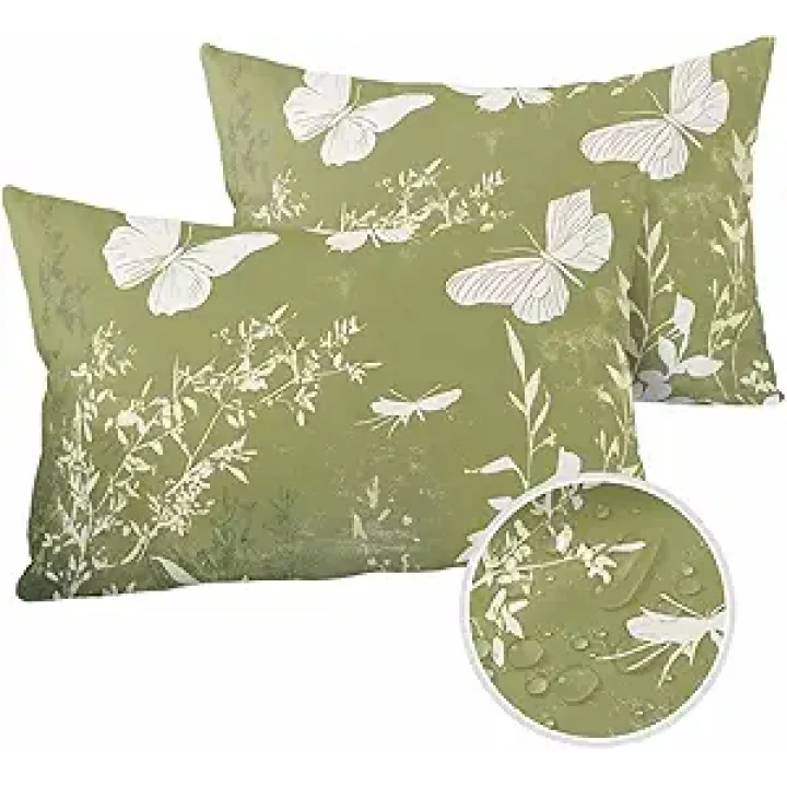 Green Botanical Outdoor Pillow Cover 12x20 Inch Cushion Sham Case,Butterfly Spring Flowers Retro Pastoral Waterproof Decorative Square Throw Pillowcase for Outside Garden Patio Porch Couch Chair Tent