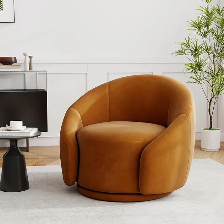 UIXE Swivel Accent Chair, Velvet Barrel Chair Upholstered Arm Chair for Living Room, Modern Round Club Chair with Turntable Base - Orange, Set of 1