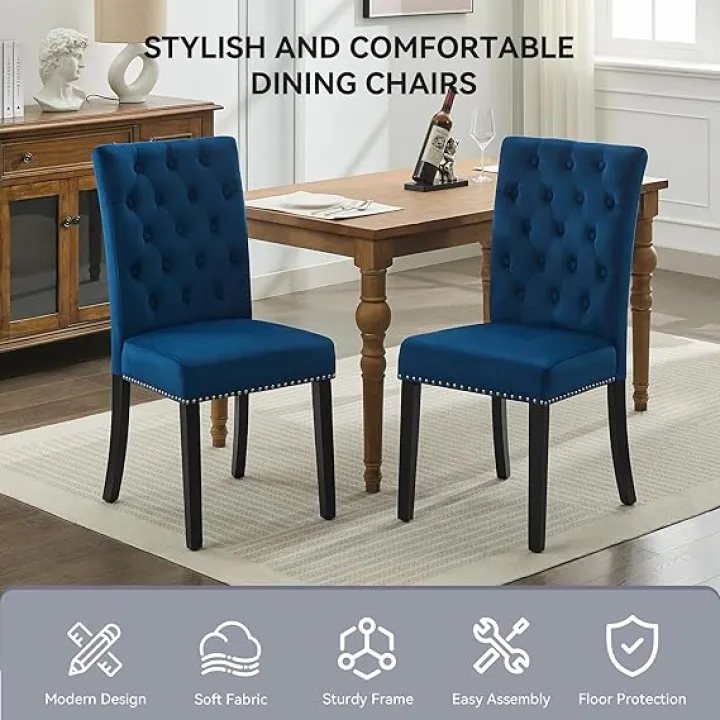Velvet Upholstered Dining Kitchen Chairs Set of 2, Button Tufted Parsons Dining Room Chair with Solid Wood Legs, Modern Armless Accent Chairs with Nailhead Trim, Navy