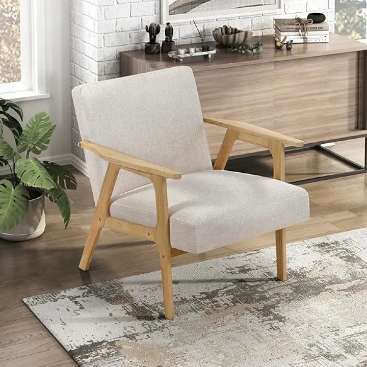 Lexicon Mid Century Modern Accent Chair, Upholstered Lounge Armchair, Single Sofa Seat, Natural Finish Solid Wood Framed Comfy Side Chairs for Living Room/Bedroom/Office/Waiting Area, Beige