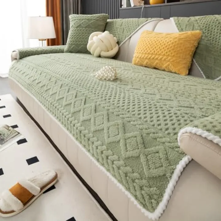 vctops Cable Jacquard Plush Sofa Couch Covers Boho Fuzzy Couch Cover for Dogs Soft Non Slip Sectional Sofa Slipcover Thick Warm Washable Furniture Protector for Kids, Pets (Sage Green,28"x82")