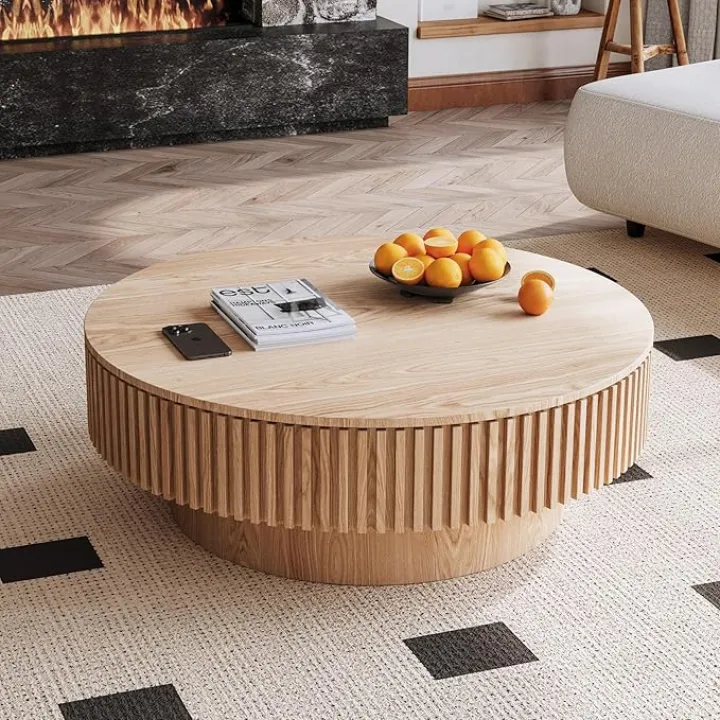 39'' Round Coffee Table with Storage, Modern Wooden Coffee Table with Solid Wood Veneered, Circle Center Table Accent Tea Table for Living Room Apartment Natural Wood